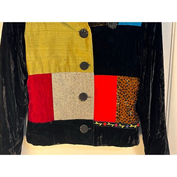 VTG Lucia Lukken Velvet Jacket Medium Black Faux Fur Collar Patchwork Preppy - Picture 6 of 8